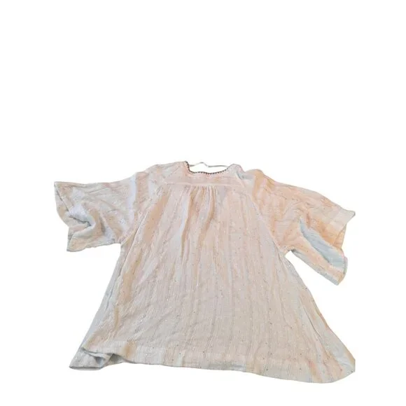 Free People White Textured Glittery Top W/ Crochet Trim Bell Sleeves V-Neckline - Picture 4 of 9